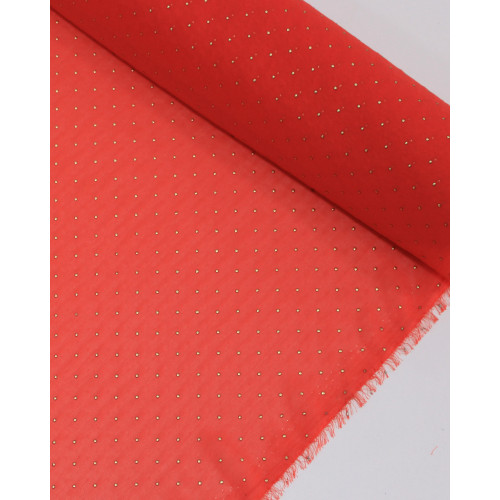 Tecido Crepe Chiffon Micro Poá Metalizado Dourado e Vermelho