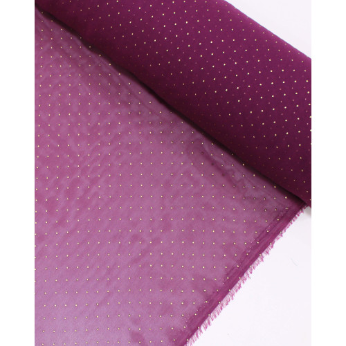 Tecido Crepe Chiffon Micro Poá Metalizado Dourado e Roxo