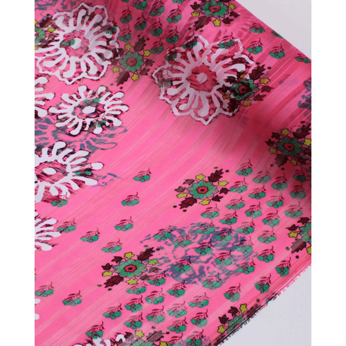 Tecido Crepe Chiffon Brocado Ramos e Flores Colorido e Tons de Rosa