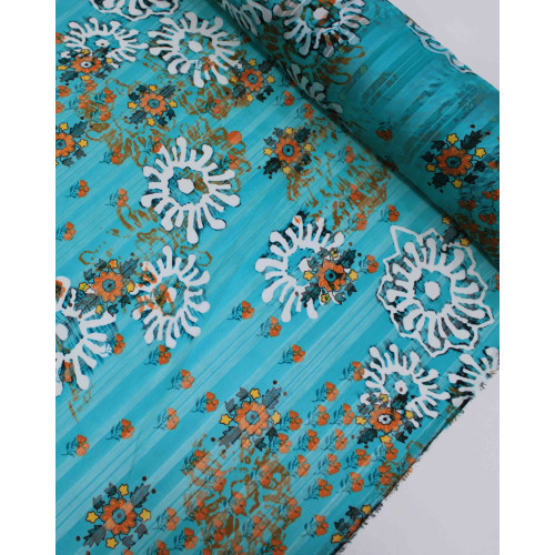 Tecido Crepe Chiffon Brocado Ramos e Flores Colorido e Verde Tiffany