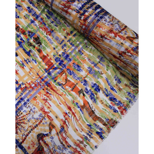 Tecido Crepe Chiffon Brocado Quadriculado e Pinturas Abstratas Colorido