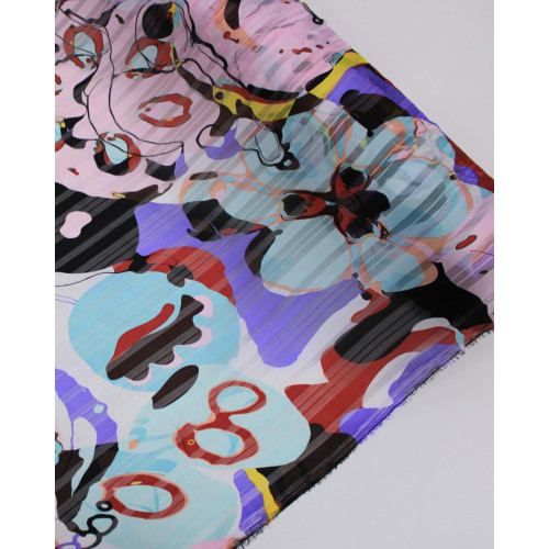 Tecido Crepe Chiffon Brocado Formas Abstratas Coloridas