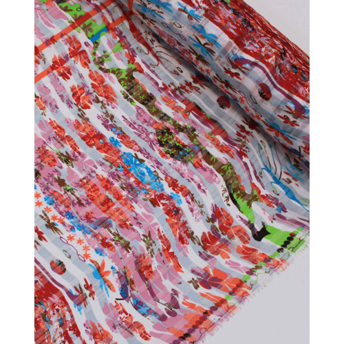 Tecido Crepe Chiffon Brocado Quadriculado e Pinturas Abstratas Tons Quentes