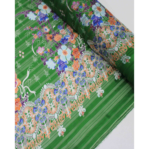 Tecido Crepe Chiffon Brocado Barrado Floral e Arabescos Colorido e Verde