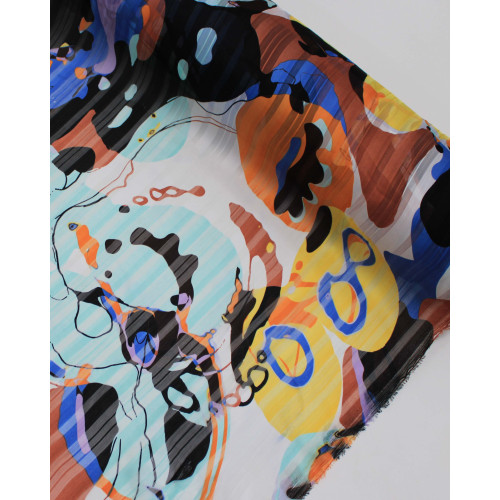 Tecido Crepe Chiffon Brocado Formas Abstratas Tons Terrosos