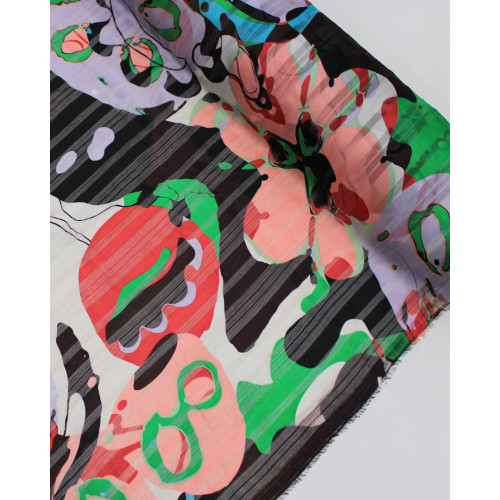 Tecido Crepe Chiffon Brocado Formas Abstratas Colorido e Branco