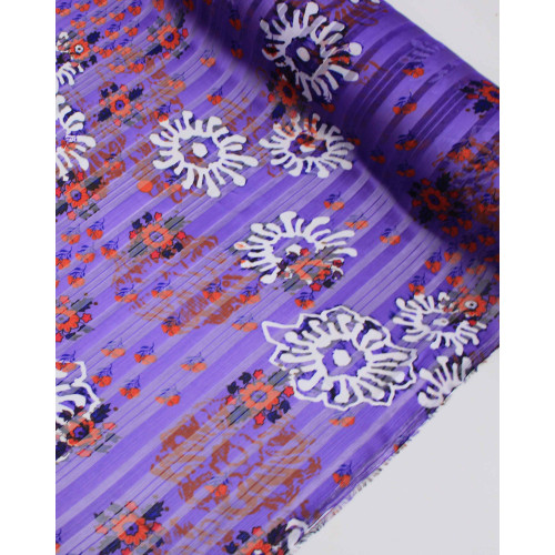 Tecido Crepe Chiffon Brocado Ramos e Flores Colorido e Roxo