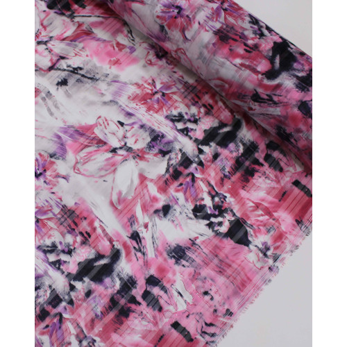 Tecido Crepe Chiffon Brocado Flores e Artes Abstratas Tons de Rosa e Branco