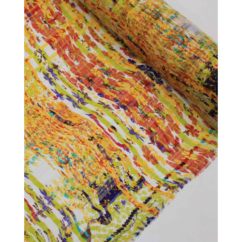 Tecido Crepe Chiffon Brocado Quadriculado e Pinturas Abstratas Colorido e Amarelo