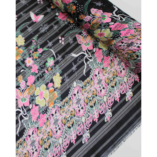 Tecido Crepe Chiffon Brocado Brrado Floral e Arabescos Colorido, Branco e Preto