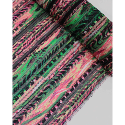 Tecido Crepe Chiffon Brocado Listras Abstratas Verde e Tons de Rosa
