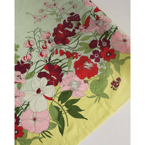 Tecido Linho Puro Italiano Barrado Duplo Floral Colorido, Amarelo e Pistache