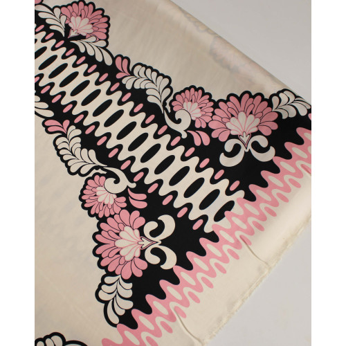 Tecido Crepe Silk Italiano Barrado Vertical Abstrato Rosa, Preto e Creme