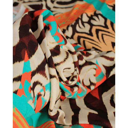 Tecido Linho Misto Italiano Barrado Triplo Multi Estampado Colorido