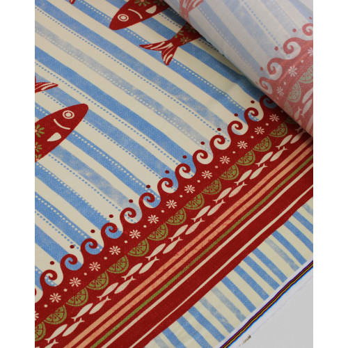 Tecido Viscose Premium Barrado Sardines Estampadas e Listras Verticais Vermelho, Azul e Offwhite