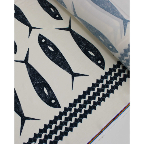 Tecido Viscose Premium Barrado Sardine Decrescente Azul Marinho Noite e Offwhite