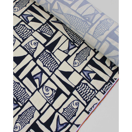 Tecido Viscose Premium Sardine Geométrico Irregular Azul Marinho Noite e Offwhite