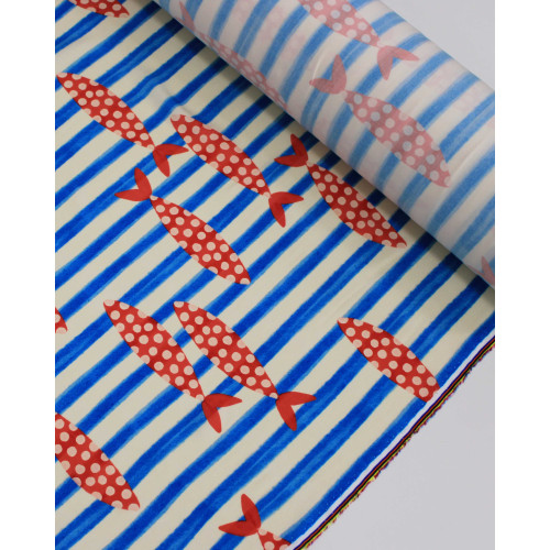 Tecido Viscose Premium Sardine Estampada e Listras Azul, Vermelho e Offwhite