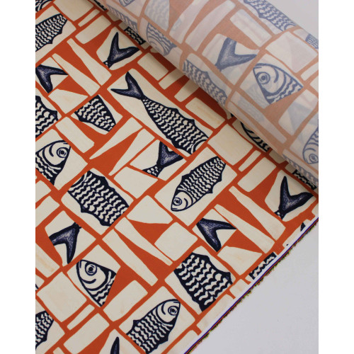 Tecido Viscose Premium Sardine Geométrico Irregular Azul Marinho, Ferrugem e Offwhite