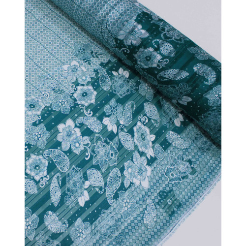 Tecido Crepe Chiffon Brocado Barrado Duplo Floral e Geométrico Branco e Verde Tiffany