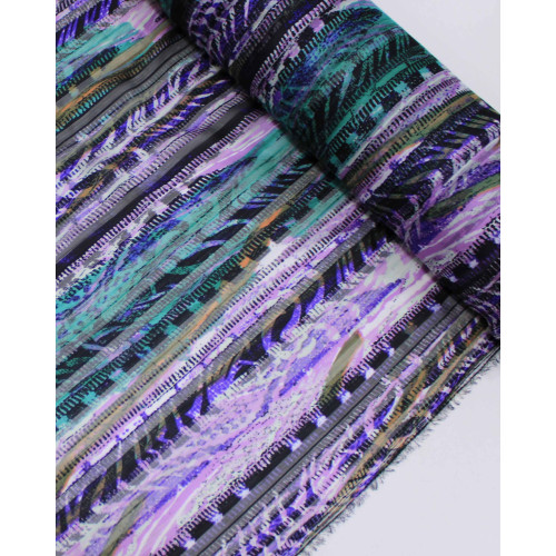 Tecido Crepe Chiffon Brocado Listras Abstratas Verde e Roxo