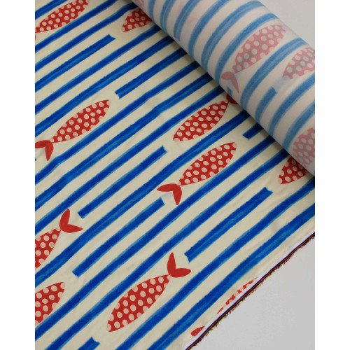 Tecido Viscose Premium Sardine Estampada Horizontal e Listras Vermelo, Azul e Offwhite