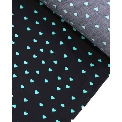 Tecido Viscose Micro Corações Verde Tifany e Preto