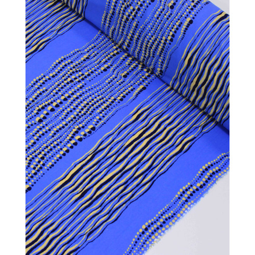 Tecido Viscose Listrado Irregular Pontilhado Creme e Tons de Azul