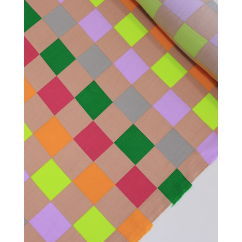 Tecido Viscose Quadriculado em Listras Verticais Coloridas e Nude