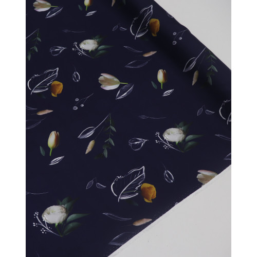 Tecido Crepe Silk Fino Italiano Flores e Rascunhos Colorido e Azul Marinho