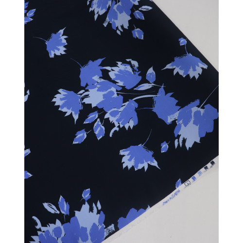 Tecido Crepe de Viscose Italiano Folhagens Abstratas Tons de Azul e Preto