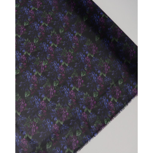 Tecido Crepe Chiffon Italiano Tapete Floral Roxo, Azul e Preto