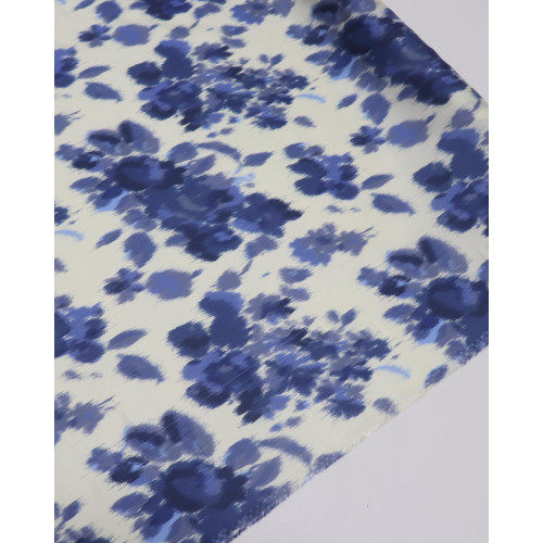 Tecido Crepe Silk Italiano Flores Abstratas Tons de Azul e Creme 