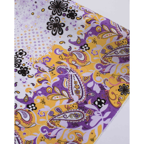 Tecido Viscose Mista com Poliamida Grosso Barrado Cashmere Floral Amarelo, Roxo e Branco
