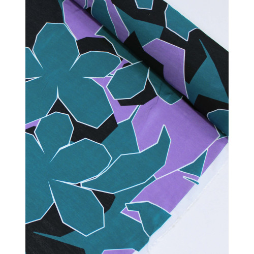 Tecido Viscose Mista com Poliamida Tapete Floral Abstrato Preto, Lilás e Verde