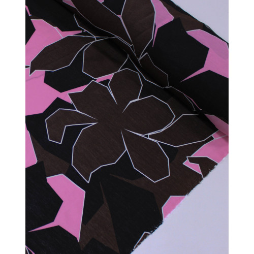 Tecido Viscose Mista com Poliamida Tapete Floral Abstrato Rosa, Preto e Marrom