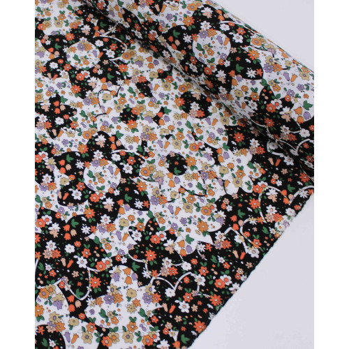 Tecido Viscose Mista com Poliamida Grosso Tapete Floral Tons Quentes, Preto e Branco