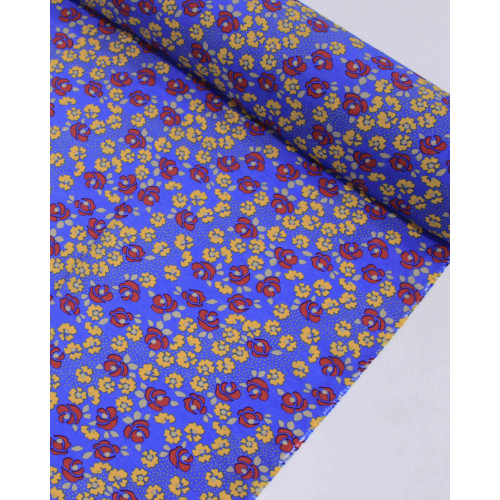 Tecido Viscose Mista com Poliamida Micro Tapete Floral Amarelo, Vermelho e Azul