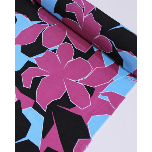 Tecido Viscose Mista com Poliamida Tapete Floral Abstrato Azul, Preto e Roxo