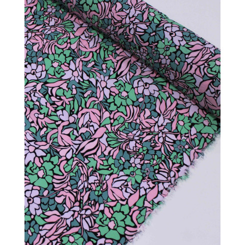 Tecido Viscose Mista com Poliamida Grosso Campo Floral Abstrato Tons de Rosa e Tons de Verde
