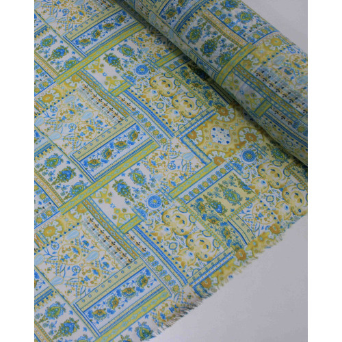 Tecido Crepe Chiffon Texturizado Muli Estampas Azul e Tons de Amarelo