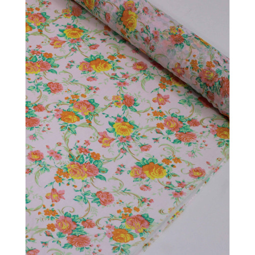 Tecido Crepe Chiffon Texturizado Campo Floral Verde, Laranja e Tons de Rosa