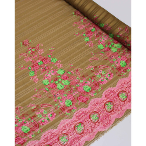 Tecido Crepe Chiffon Brocado Barrado Duplo Cashmere Floral Verde, Rosa e Capuccino