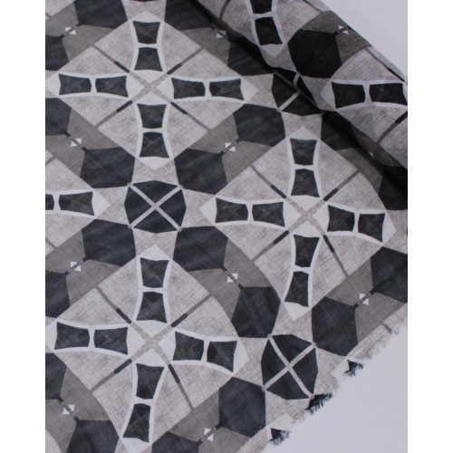 Tecido Crepe Chiffon Italiano Quadriculado Estampado Preto e Tons de Cinza