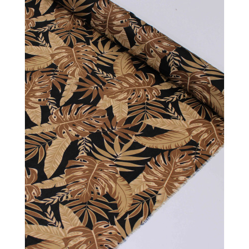 Tecido Crepe Silk Italiano Multi Folhagens Tons de Marrom e Preto