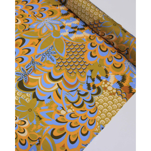 Tecido Crepe Silk Italiano Estampa Floral Absrtata Creme, Azul e Amarelo Mostarda