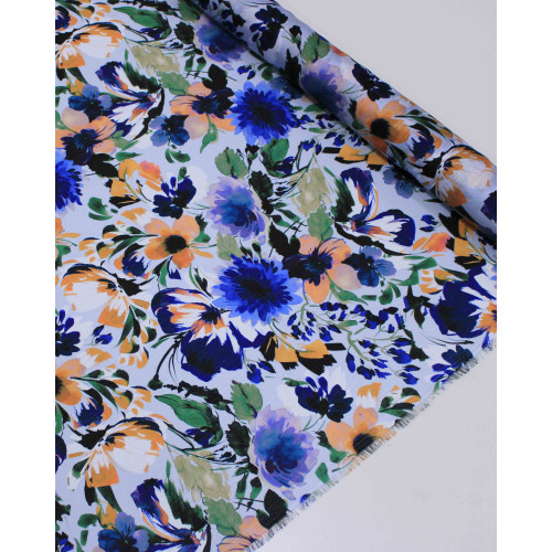 Tecido Crepe Chiffon Texturizado Italiano Tapete Floral Colorido e Tons de Azul