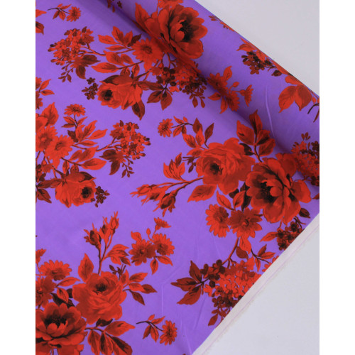 Tecido Viscose Italiano Macro Flores Vermelho e Lilás