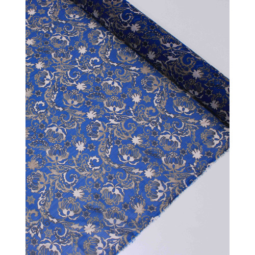 Tecido Crepe Chiffon Texturizado Italiano Tapete Floral Cinza e Azul