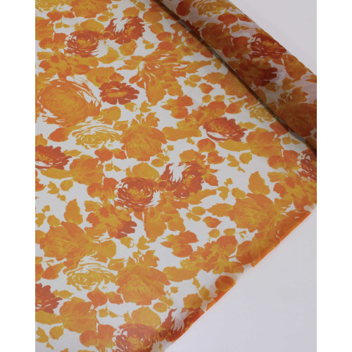 Tecido Crepe Chiffon Texturizado Italiano Tapete Floral Abstrato Tons de Laranja e Branco